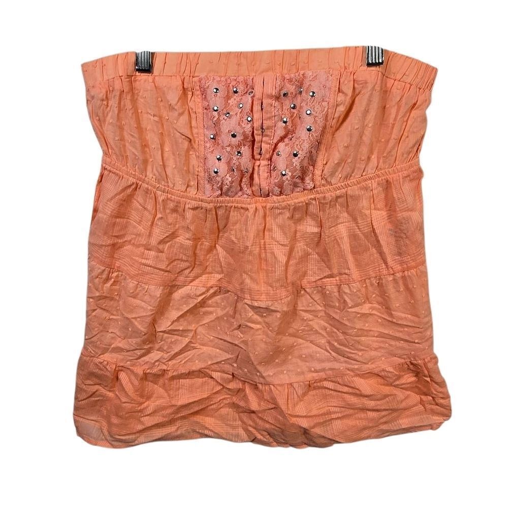 Dolled Up Coral Strapless Top Rhinestone Lace Ruche Size L